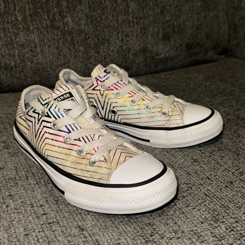 Converse All Star Sneakers Juniors Kids 12 White‎ Rainbow Stars Lace Up 665398F